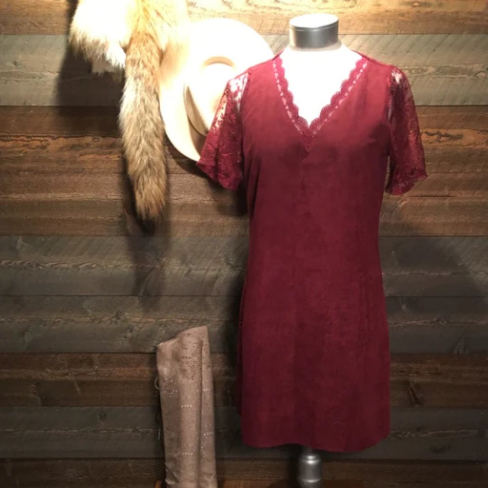 BURGUNDY SUEDE LACE BACK DRESS
